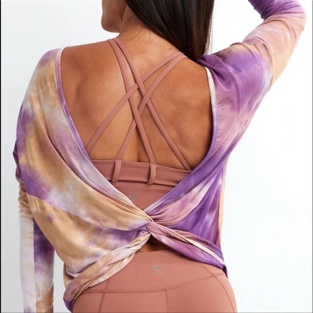 Savvi Athleisure Long Sleeve Tie Dye Open Back Tshirt Tee Brown Blue Pickleball - Picture 9 of 9